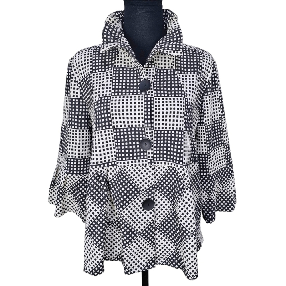 Damee Inc Black & White Square Windowpane Wire Collar Button Up Jacket  M